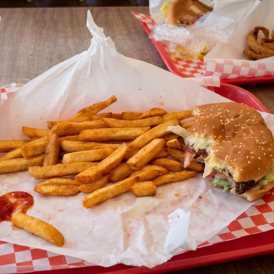 Cheeseburger with fries and ketchup on a red diner tray beside a Coca-Cola drink, with onion rings and another sandwich in the background.