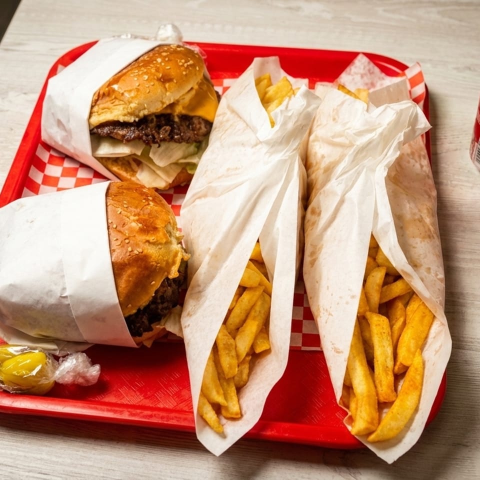 Red tray holding two burgers, two servings of fries, dipping sauce, and a can of Coca-Cola on a wooden table.