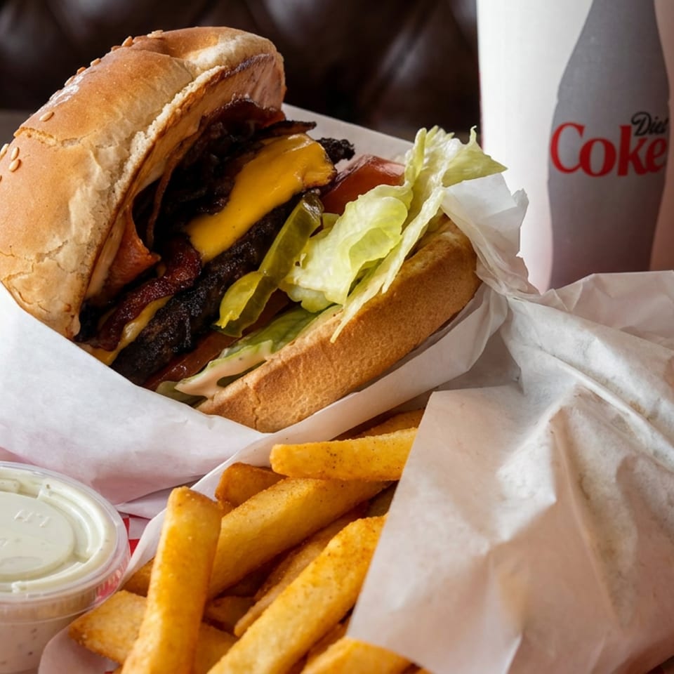 Bacon cheeseburger with lettuce, fries, dipping sauce, and a Diet Coke on a red-and-white checkered tray.