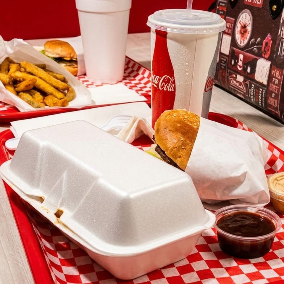 Fast-food meal with burgers, fried pickles, fries, drinks, dipping sauces, and a sticker-covered handbag on red checkered trays.