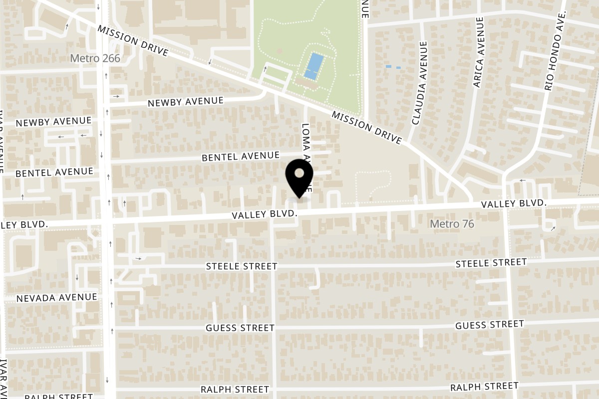 Map showing the location of Valley Super Burgers rosemead on 9219 E Valley Blvd in Rosemead